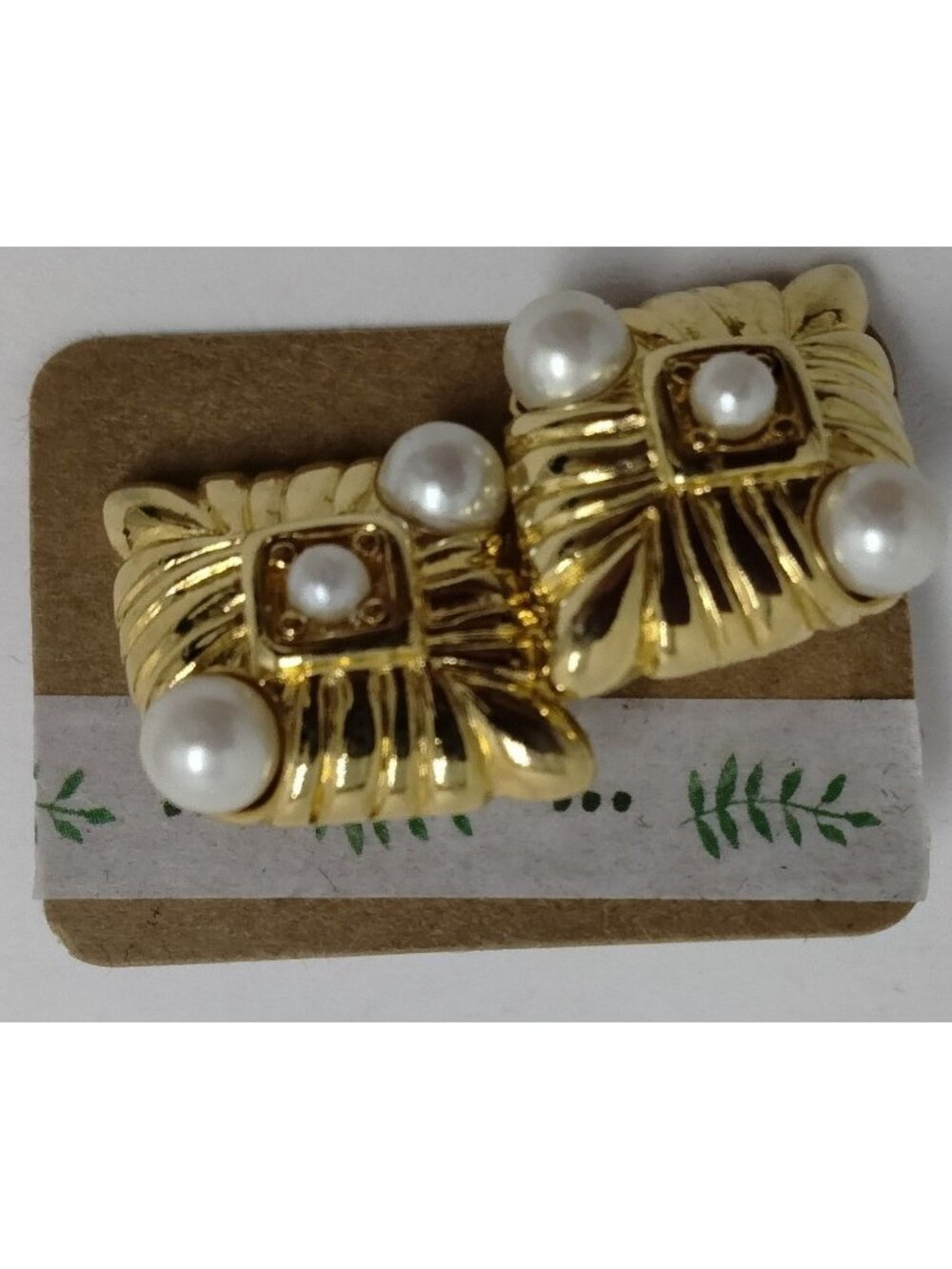 Gold Tone Faux Pearl Post Earrings Elegant Regency Art Deco Design